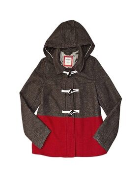 Old Navy Hooded Toggle Duffle Coat Colorblock Tweed Charcoal Grey Red Medium